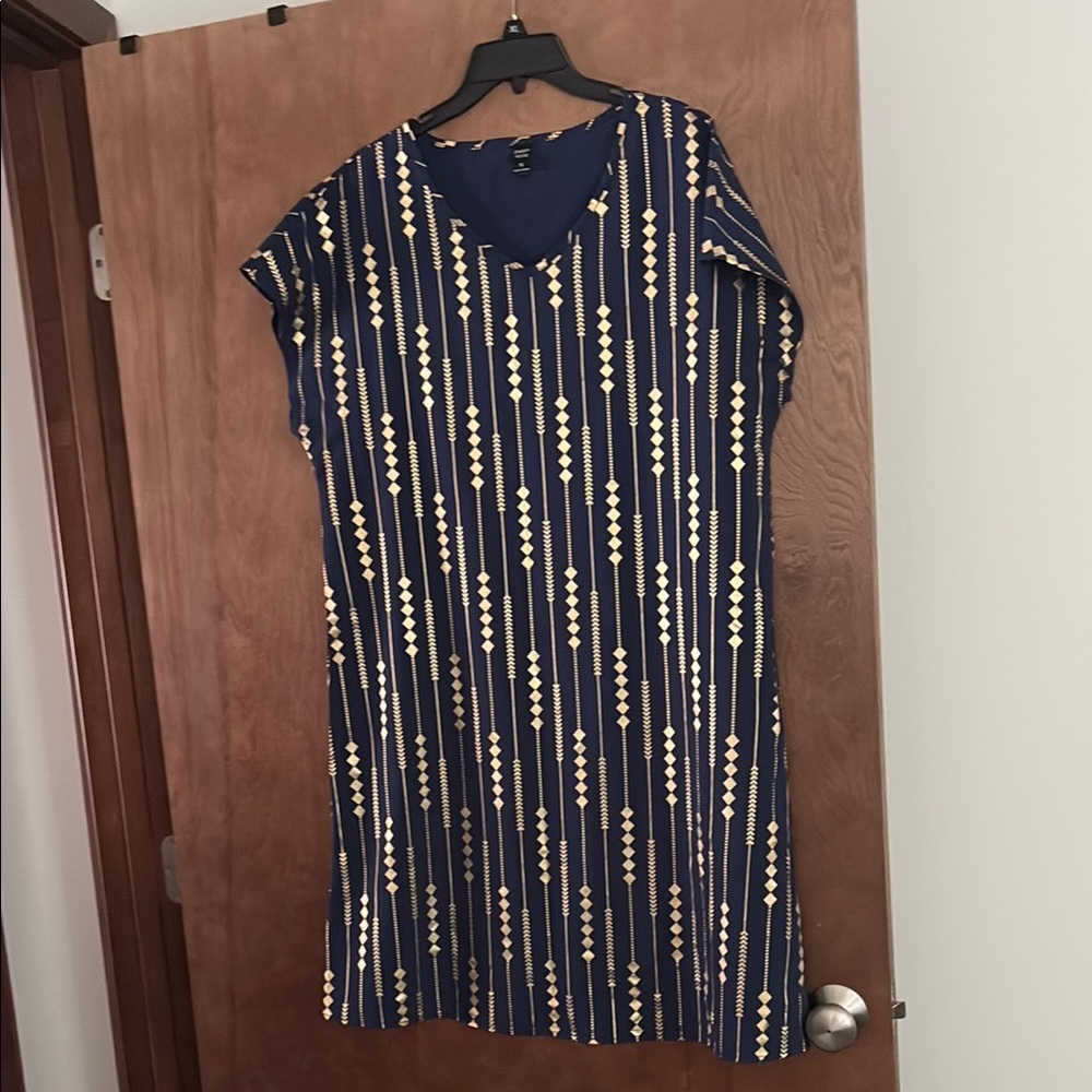 Blue and White V-Neck Sheath Midi Dress